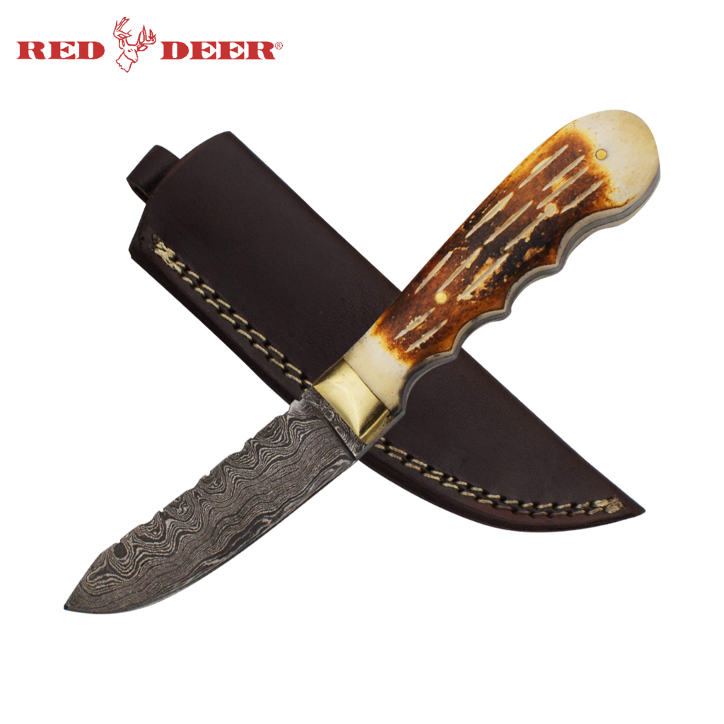 Red Deer Damascus Treaded Spine Bone Handle Skinning Knife